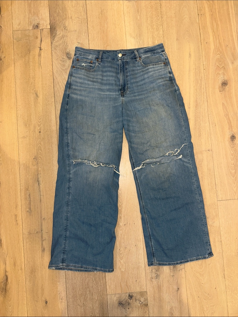 American Eagle Outfitters Distressed Wide-Leg Jeans - Blue